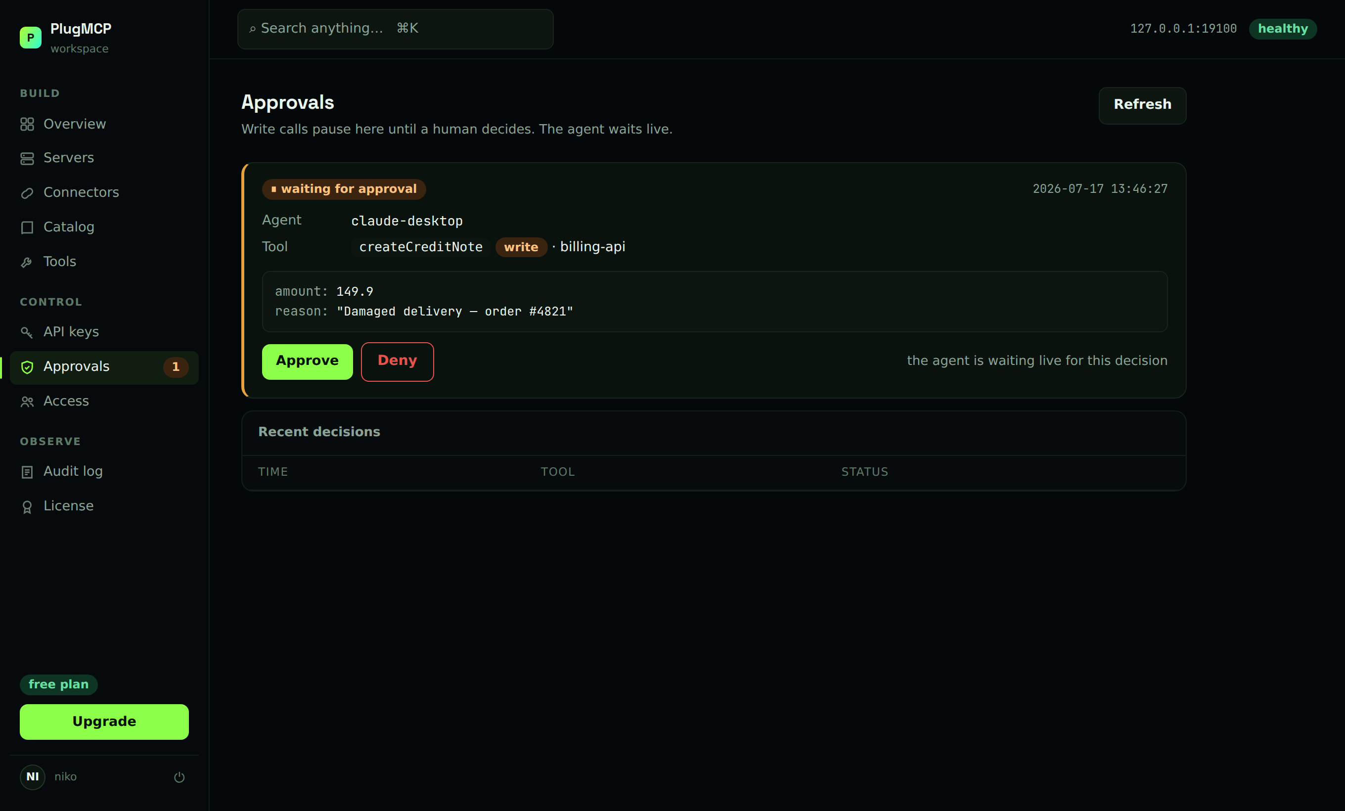 A write call from an agent waiting for human approval, with structured arguments