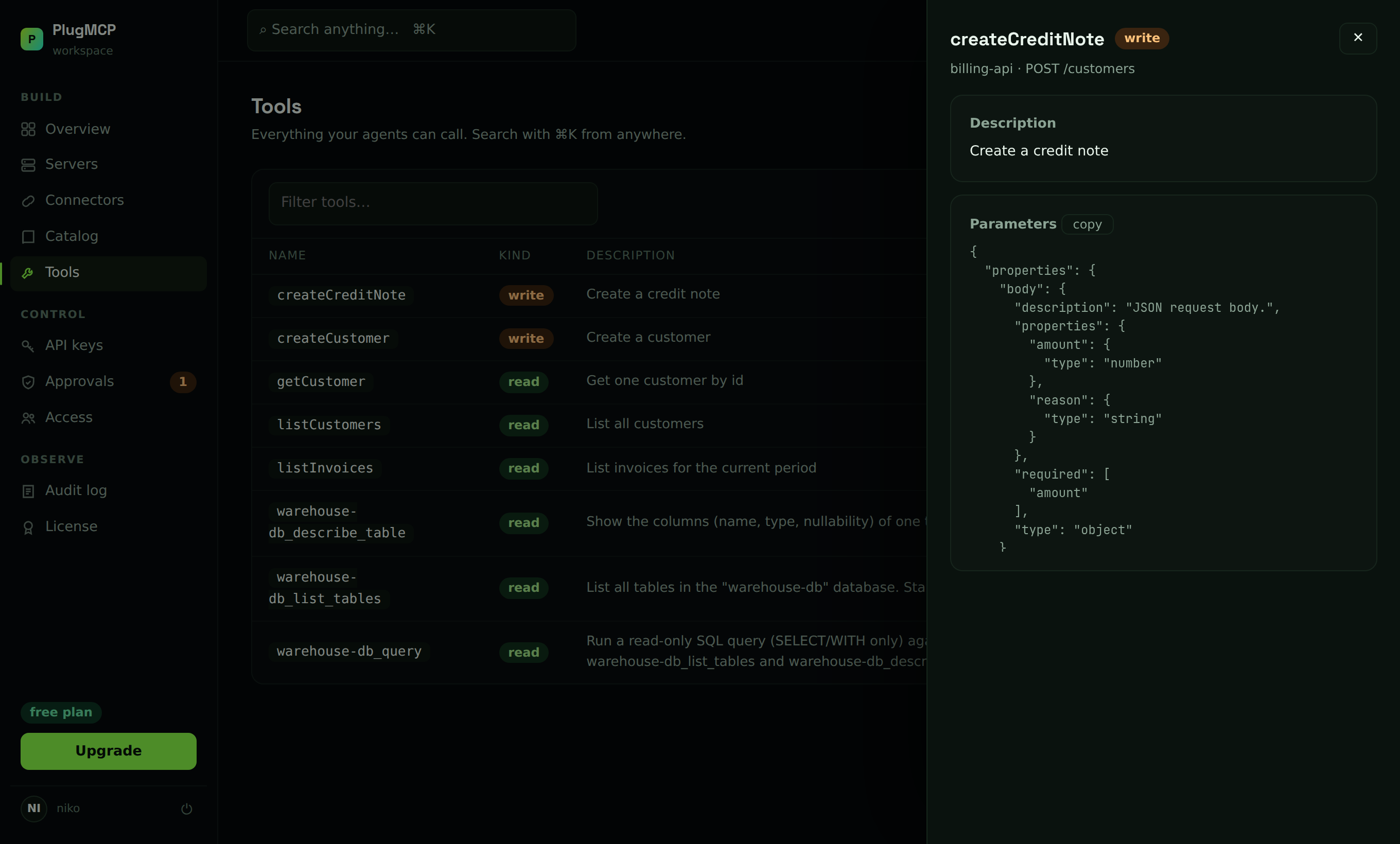 Tool detail drawer with description and parameter schema